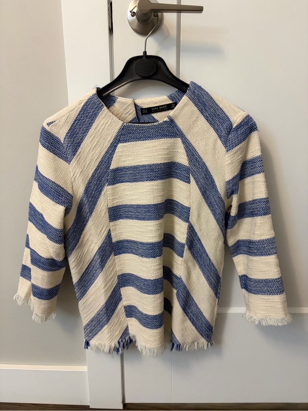 Zara Blue and Cream Striped Fringe-Hem Crew Sweater - Picture 1 of 3